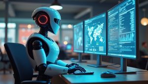Agente de IA organizando tarefas digitais em vários monitores.