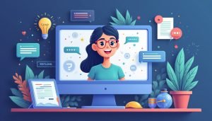 Friendly AI chat assistant surrounded by digital tools