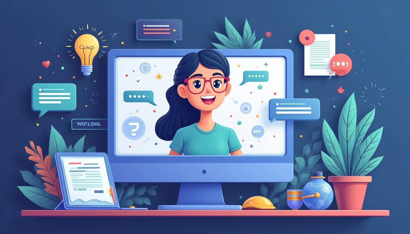 Friendly AI chat assistant surrounded by digital tools