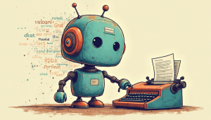 Friendly robot using a vintage typewriter to generate ideas and automate tasks
