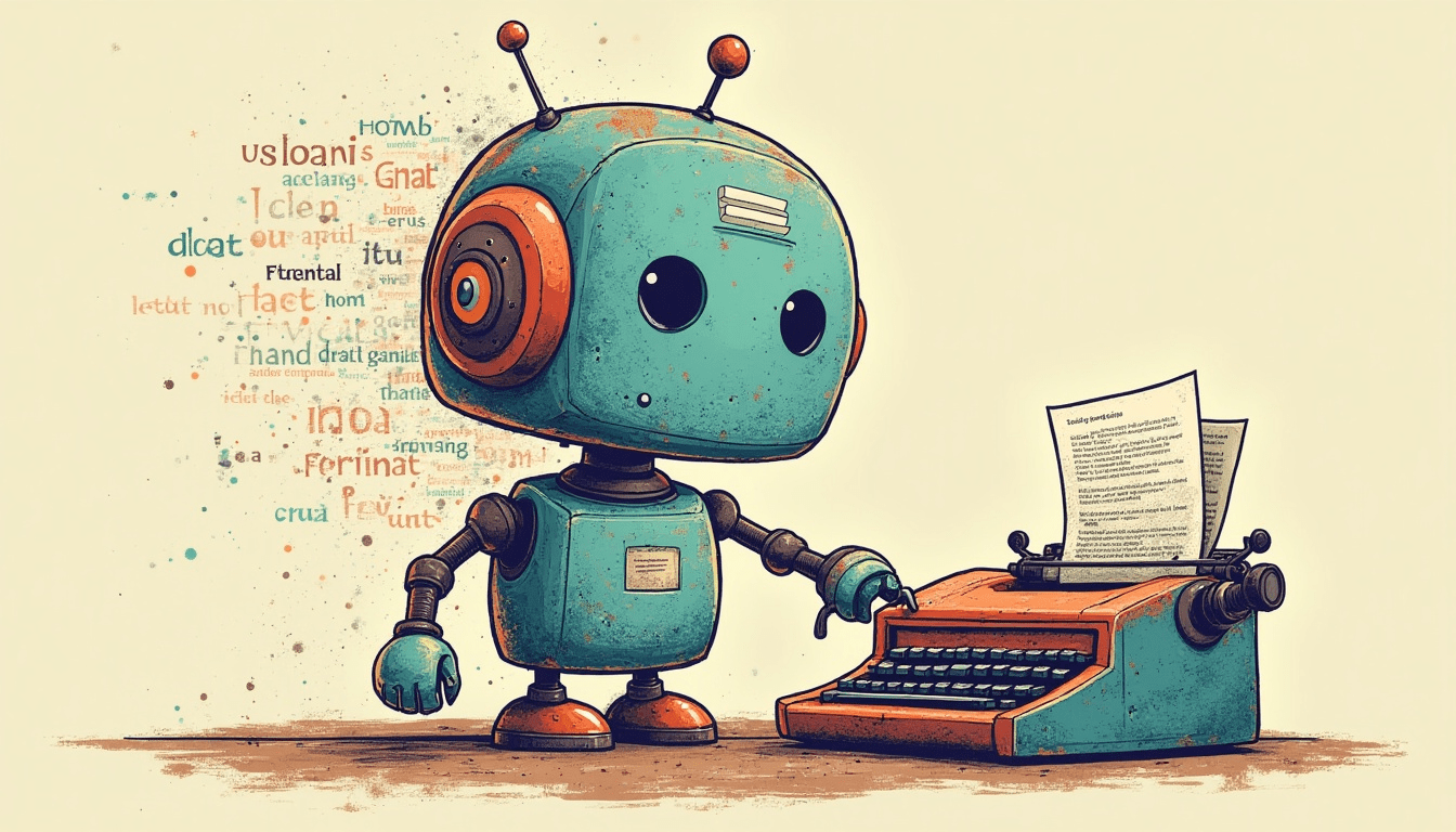 Friendly robot using a vintage typewriter to generate ideas and automate tasks