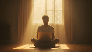 Homem refletindo com laptop em luz suave pela janela