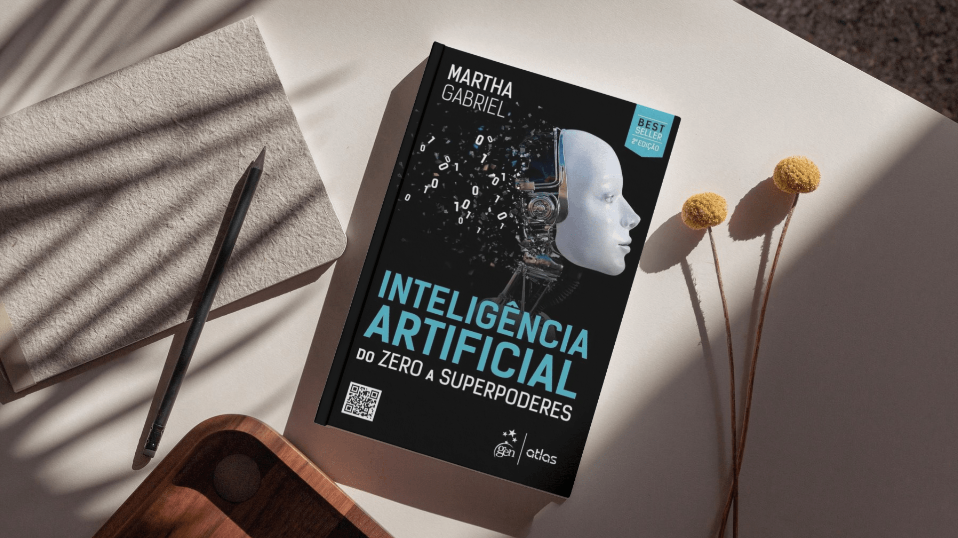 Capa do livro Inteligência Artificial: Do Zero a Superpoderes, de Martha Gabriel, com ilustração de um rosto robótico e fundo preto com códigos.
