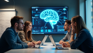 Equipe em agência digital discutindo desafios da inteligência artificial com cérebro digital e gráficos na tela