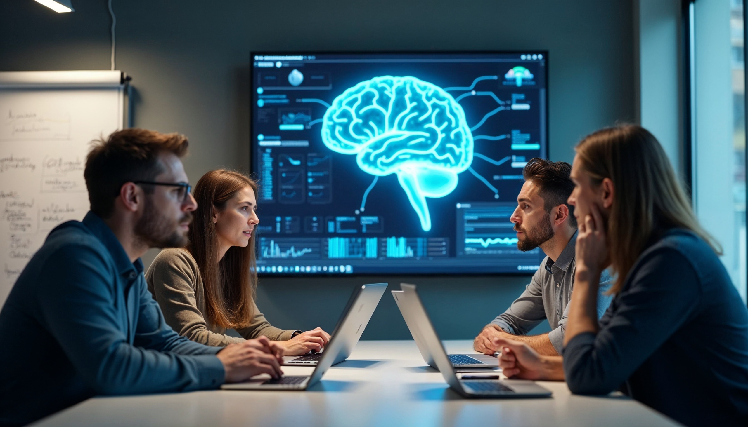 Equipe em agência digital discutindo desafios da inteligência artificial com cérebro digital e gráficos na tela