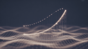 Visual abstrato com linha de dados ascendente e rede de pontos representando análise preditiva com inteligência artificial.