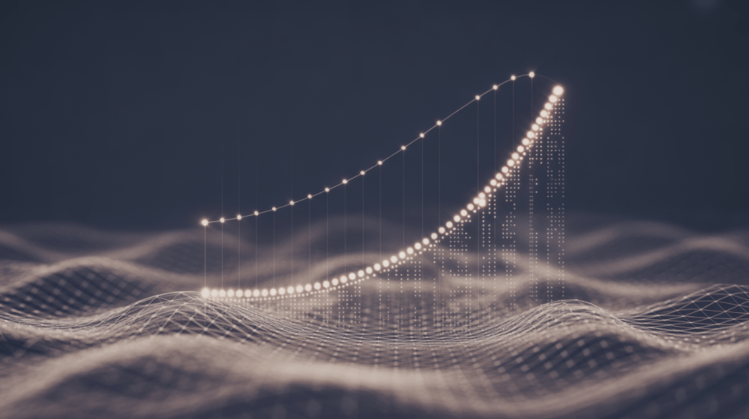 Visual abstrato com linha de dados ascendente e rede de pontos representando análise preditiva com inteligência artificial.