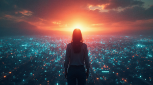 Pessoa de costas observando uma cidade iluminada com luzes azuis e alaranjadas ao pôr do sol, simbolizando a conexão entre humanidade e tecnologia.