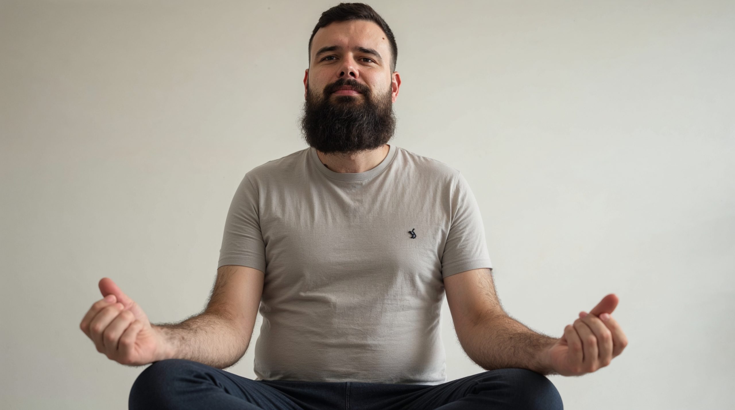 Homem de barba sentado em posição de yoga, expressão calma e introspectiva, simbolizando autoconhecimento e equilíbrio.